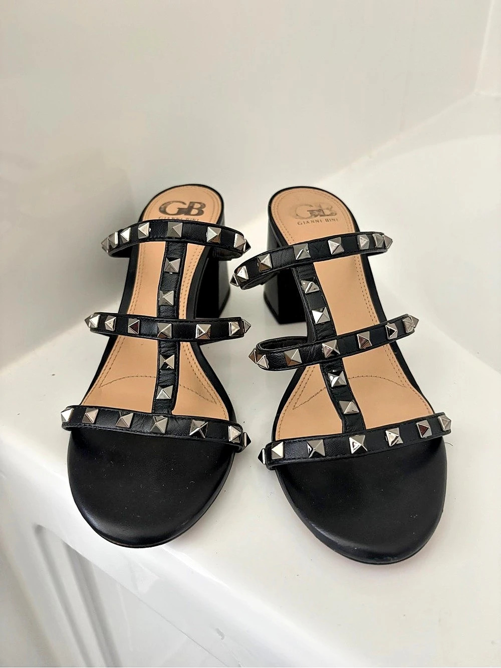 Gianni Bini Studded Block Heel Sandals in Black
